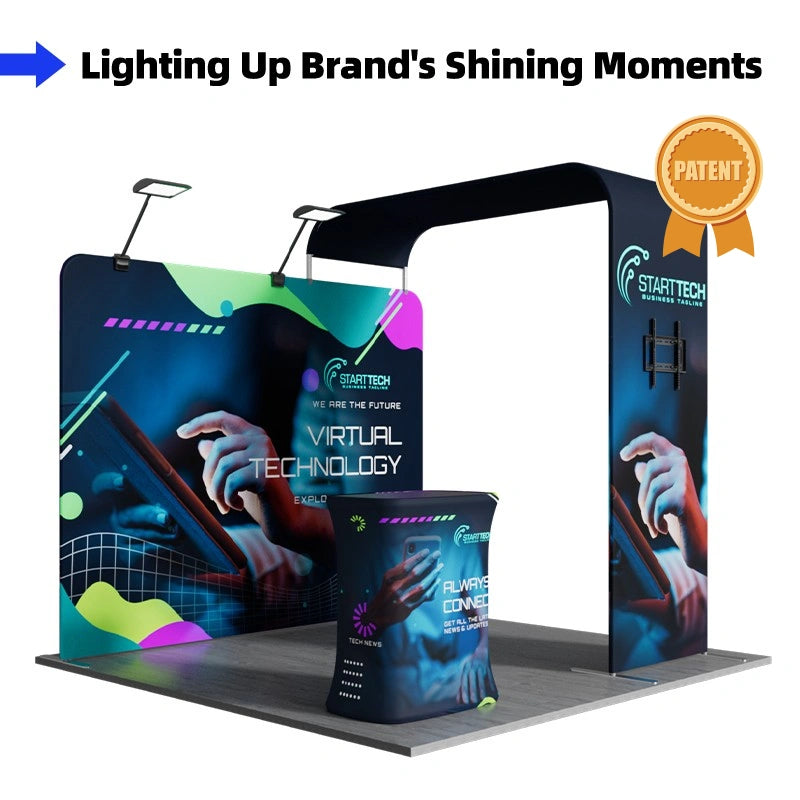 Custom 10x10 expo booth designed for product presentation, digital media and professional visitor engagement