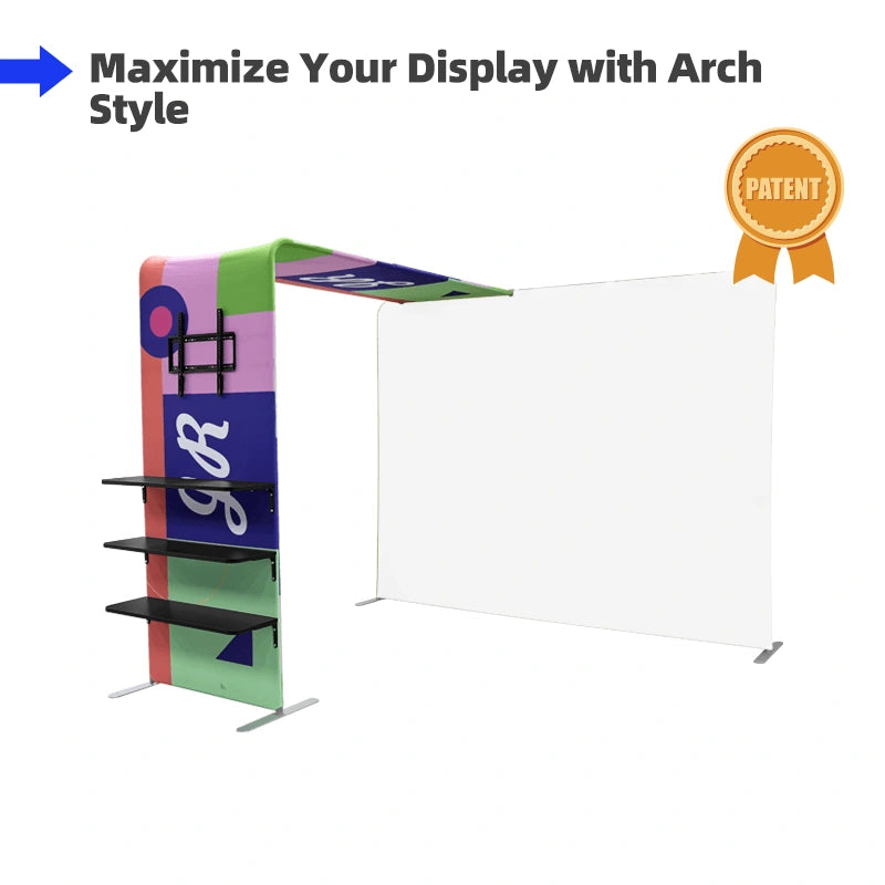 Custom exhibition shelf display with TV mount designed for product launches, demonstrations, and visitor engagement