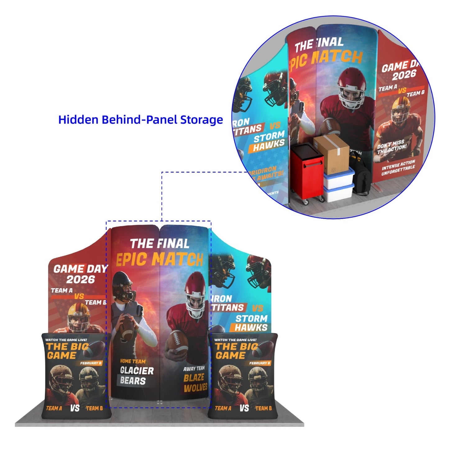 Custom B14 expo booth designed to give products and key marketing messages clear, dedicated display space