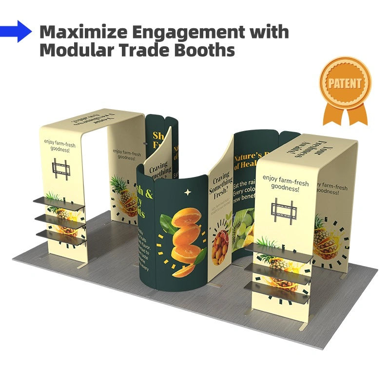 Custom 10x20 trade show booth kit B8 with spacious areas for visitor engagement, presentations, and business conversations