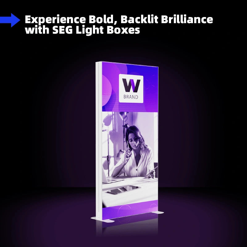 Compact SEG light box showcasing illuminated fabric graphics