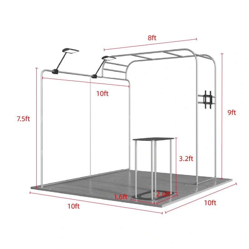 Branded 10x10 exhibition booth with custom graphics, digital display and professional LED illumination