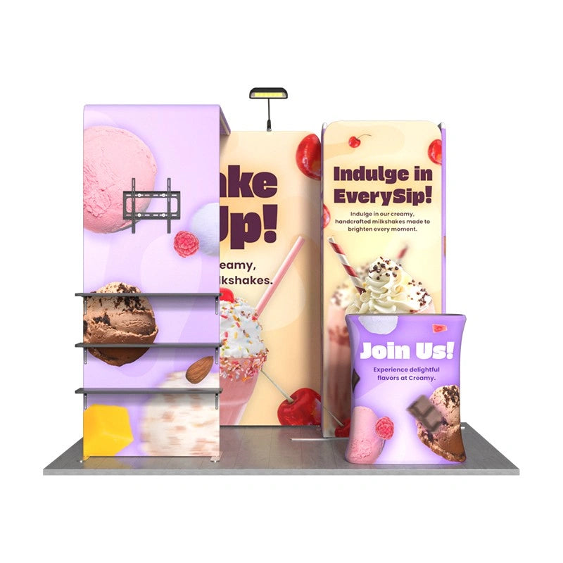 Custom 10x10 exhibition booth kit with premium printed graphics and modular display components.