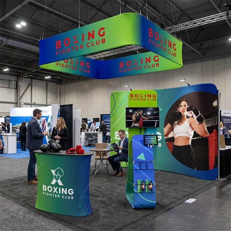 Professional exhibition literature stand with digital presentation support