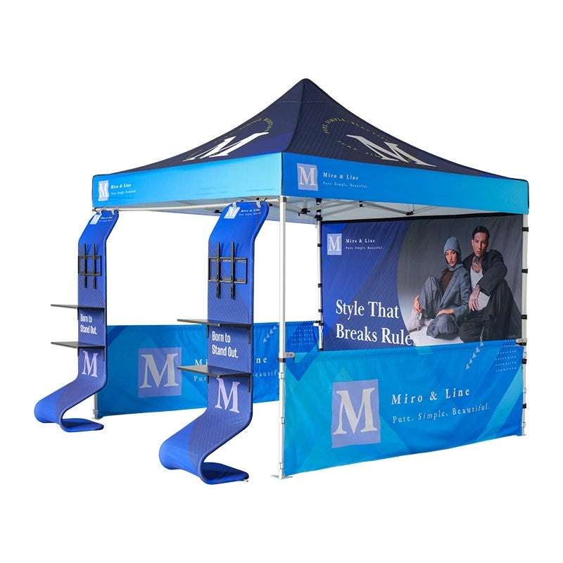 10x10 outdoor retail tent with brand graphics