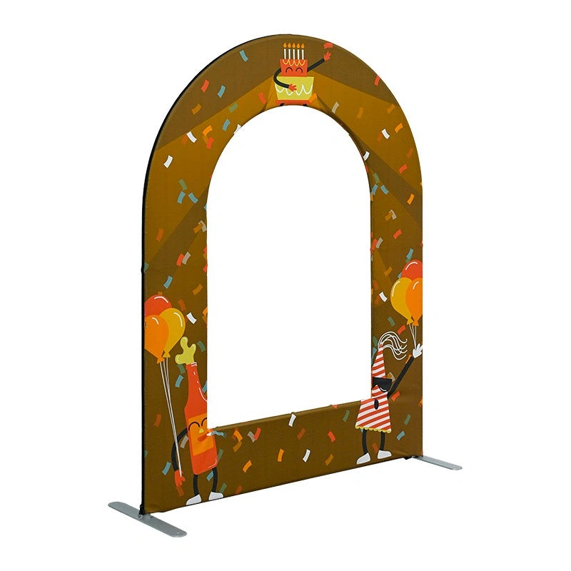 Open Center Arch Stand with custom fabric graphics for weddings, retail activations, parties, and promotional displays