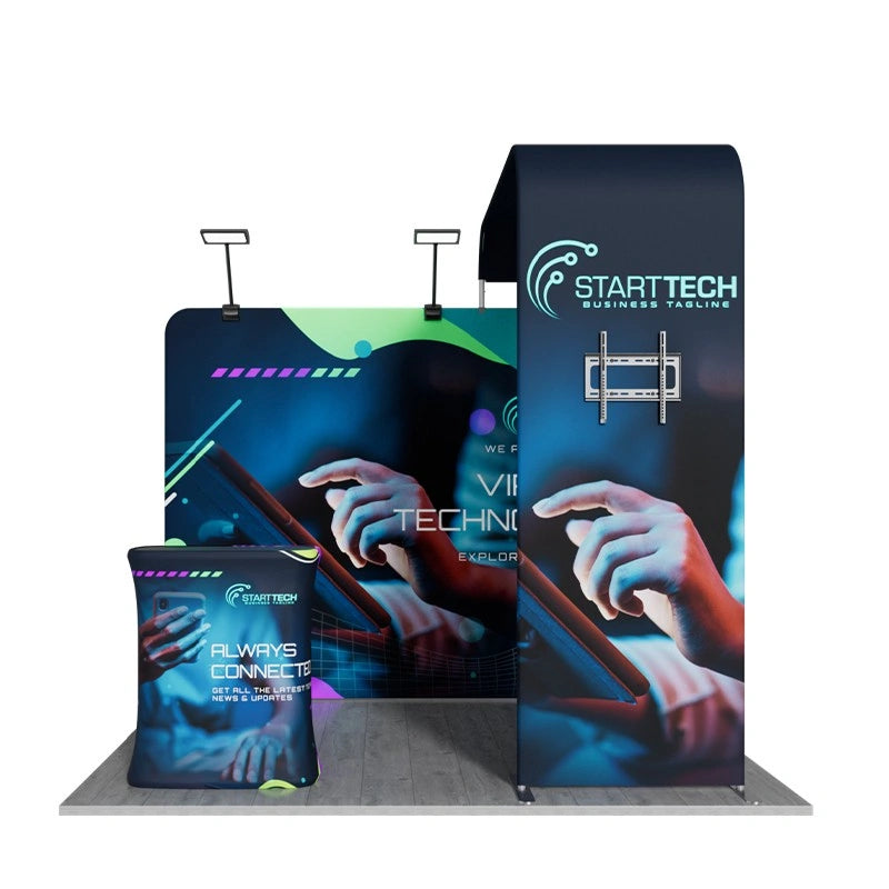 Reusable 10x10 exhibition booth with replaceable graphics, LED lighting, TV mount and reception counter