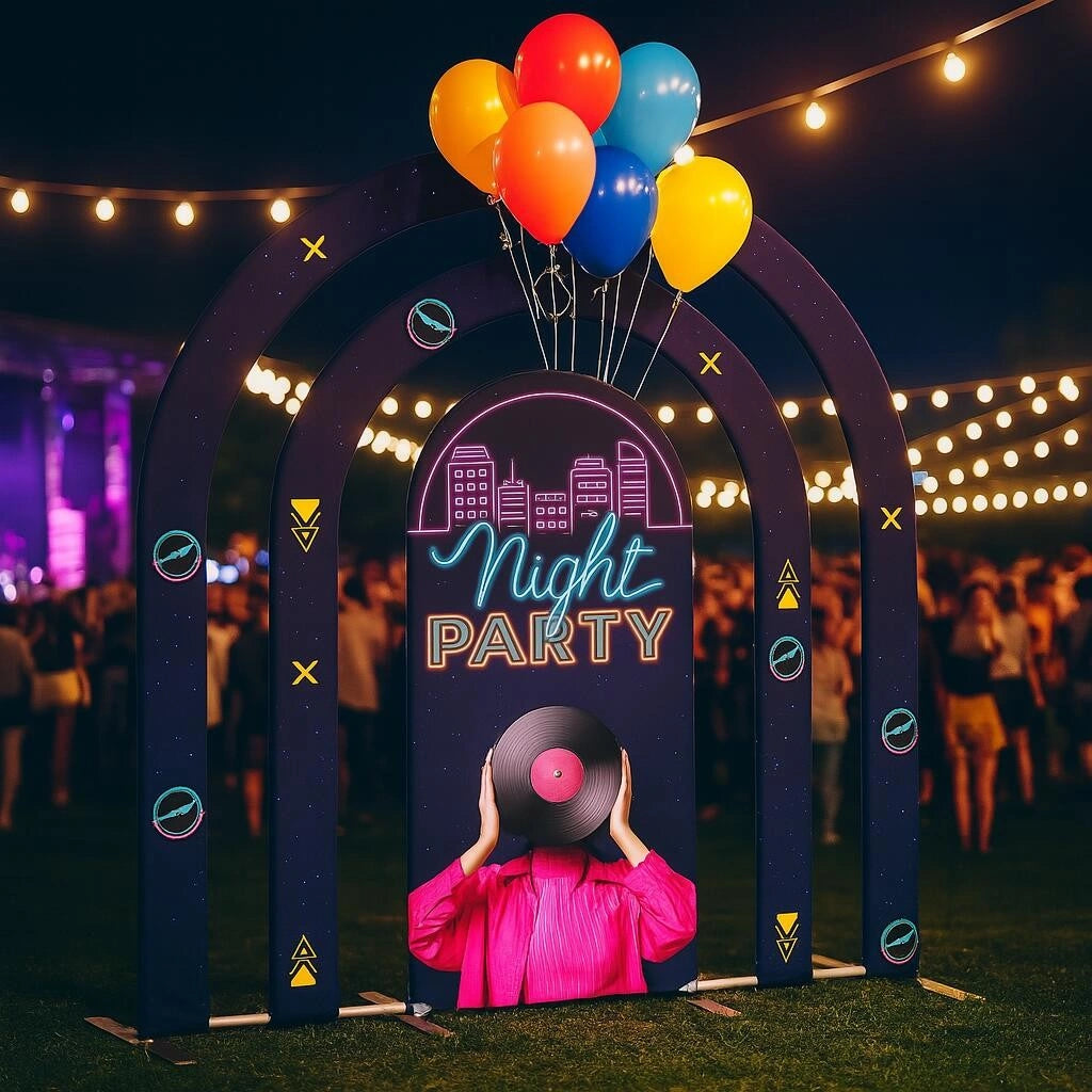 Reusable Multi-Tier Arch Backdrop with custom graphics for changing event themes, campaigns, and celebrations