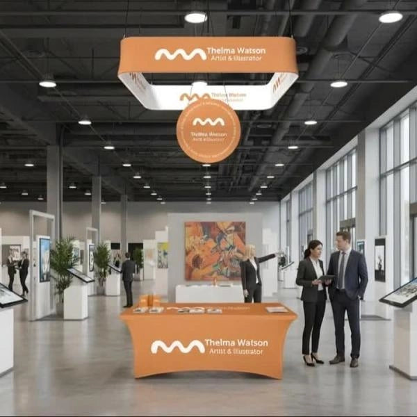 Trade show vertical disc hanging banner with fabric graphics
