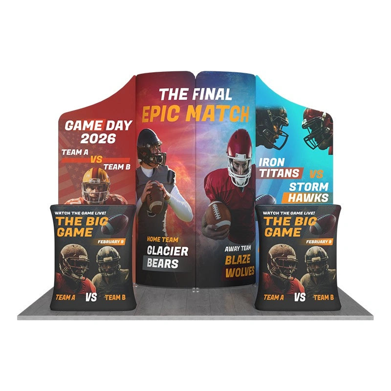 10x10ft exhibition booth B14 with vibrant custom fabric graphics for trade shows, expos, and conferences