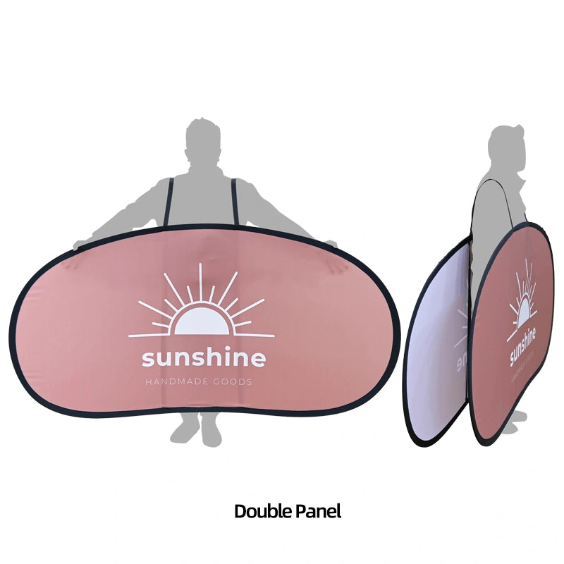 Side angle of walking billboard showing frame and straps