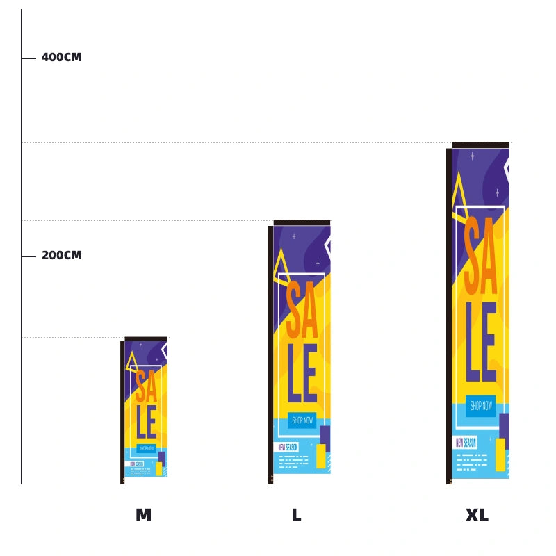 Portable Rectangle promotional flag with vibrant full-color graphics and a lightweight Uni-Fit Pole display system for indoor and outdoor use.