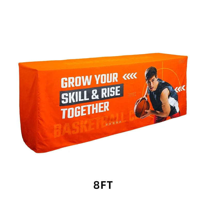 Custom folding display table with vibrant printed fabric cover for trade shows and exhibitions