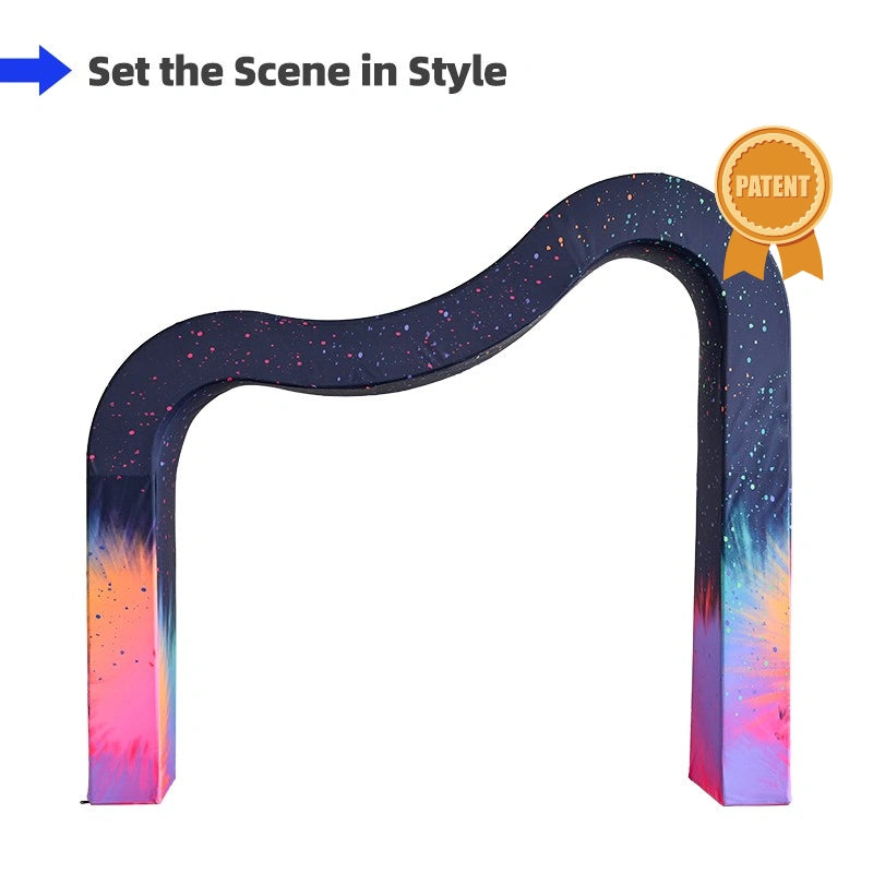 3D Wave Shaped Arch Backdrop with custom graphics for weddings, celebrations, photo areas, and branded events