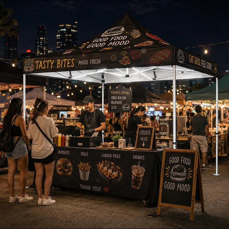 Lighted canopy tent with built-in overhead LEDs for night markets, events, and brand activations.