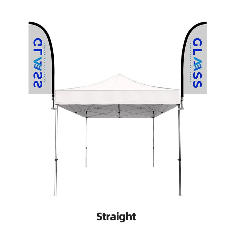 Custom canopy tent flag with lightweight pole and secure tent-leg mount for outdoor promotional events.