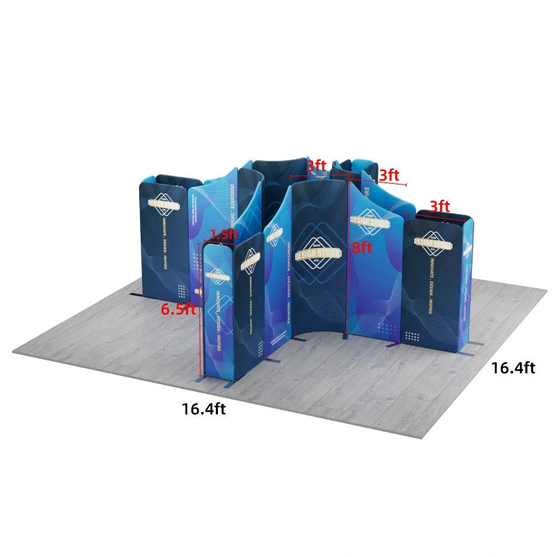 Portable 16.4x16.4 trade show display with tension fabric graphics