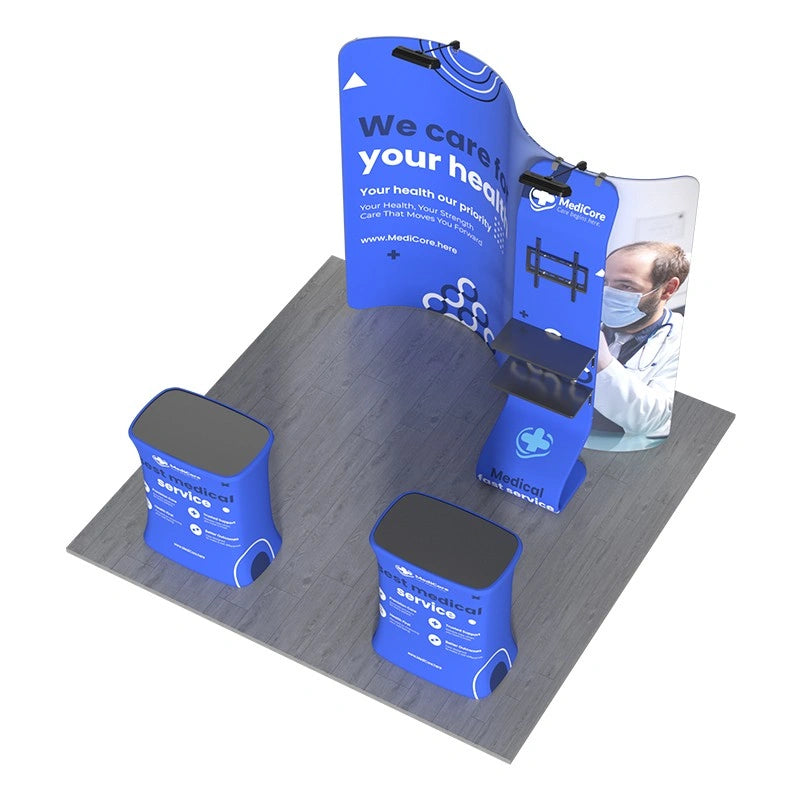 Professional A6 trade show booth display with seamless fabric graphics for conferences and exhibitions