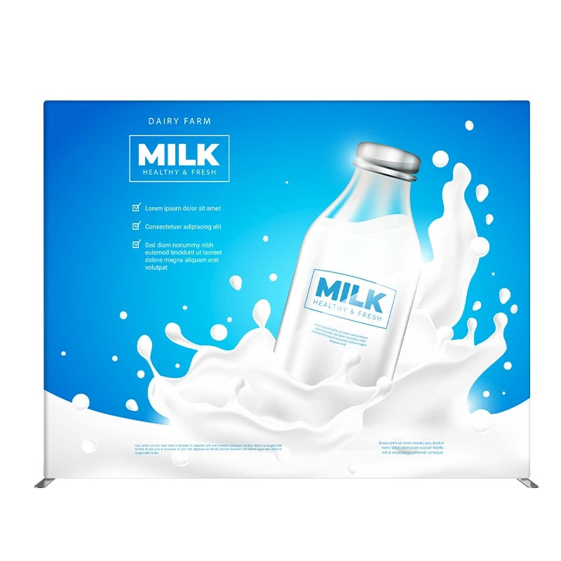 Square corner straight tension fabric display with seamless graphic finish