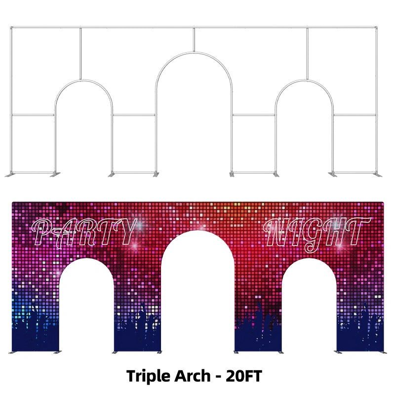Walk-through event arch backdrop with custom graphics for weddings, parties, corporate events, and branded activations