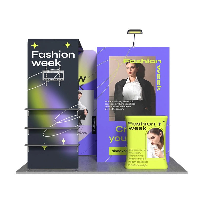 Portable 10x10ft exhibition booth display with vibrant custom graphics for impactful brand presentations