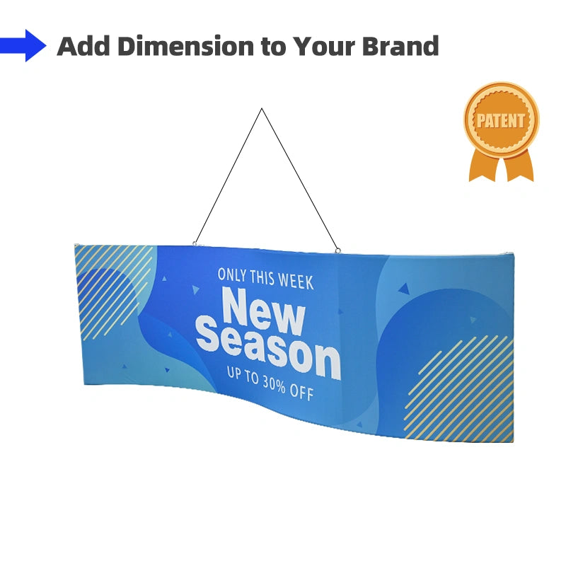 Custom S-Curve Trade Show Hanging Sign designed to help visitors recognize exhibition booths from a distance