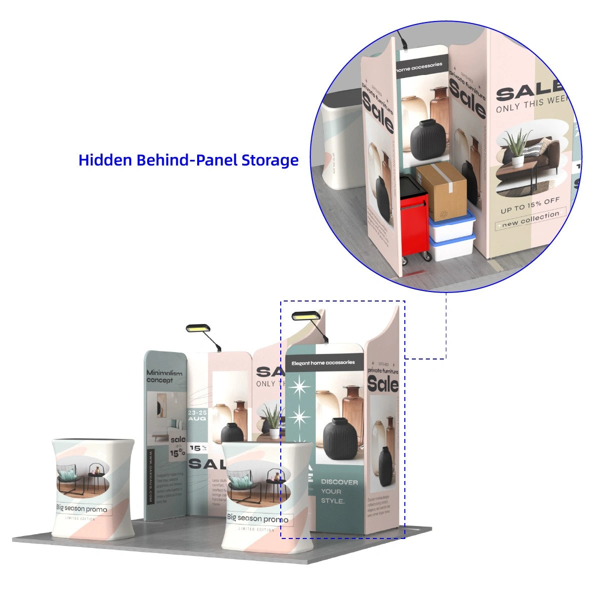 Portable modular exhibition booth with lightweight hardware and vibrant fabric graphics.