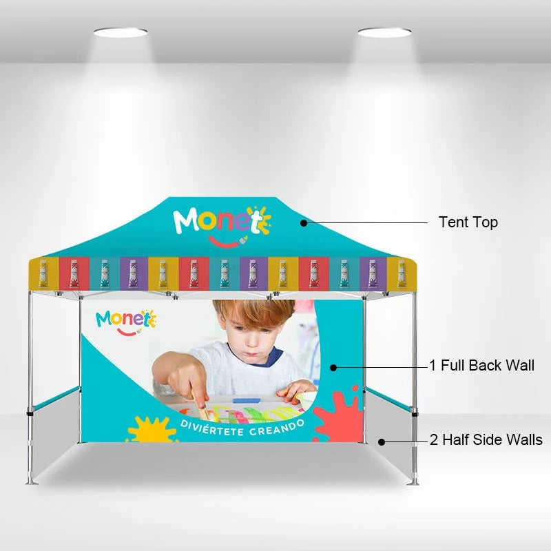 Custom printed 10x15 canopy tent creating a professional branded space for products, promotions, and visitors