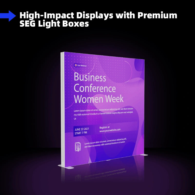 Front view of SEG light box display with flame-retardant backlit fabric