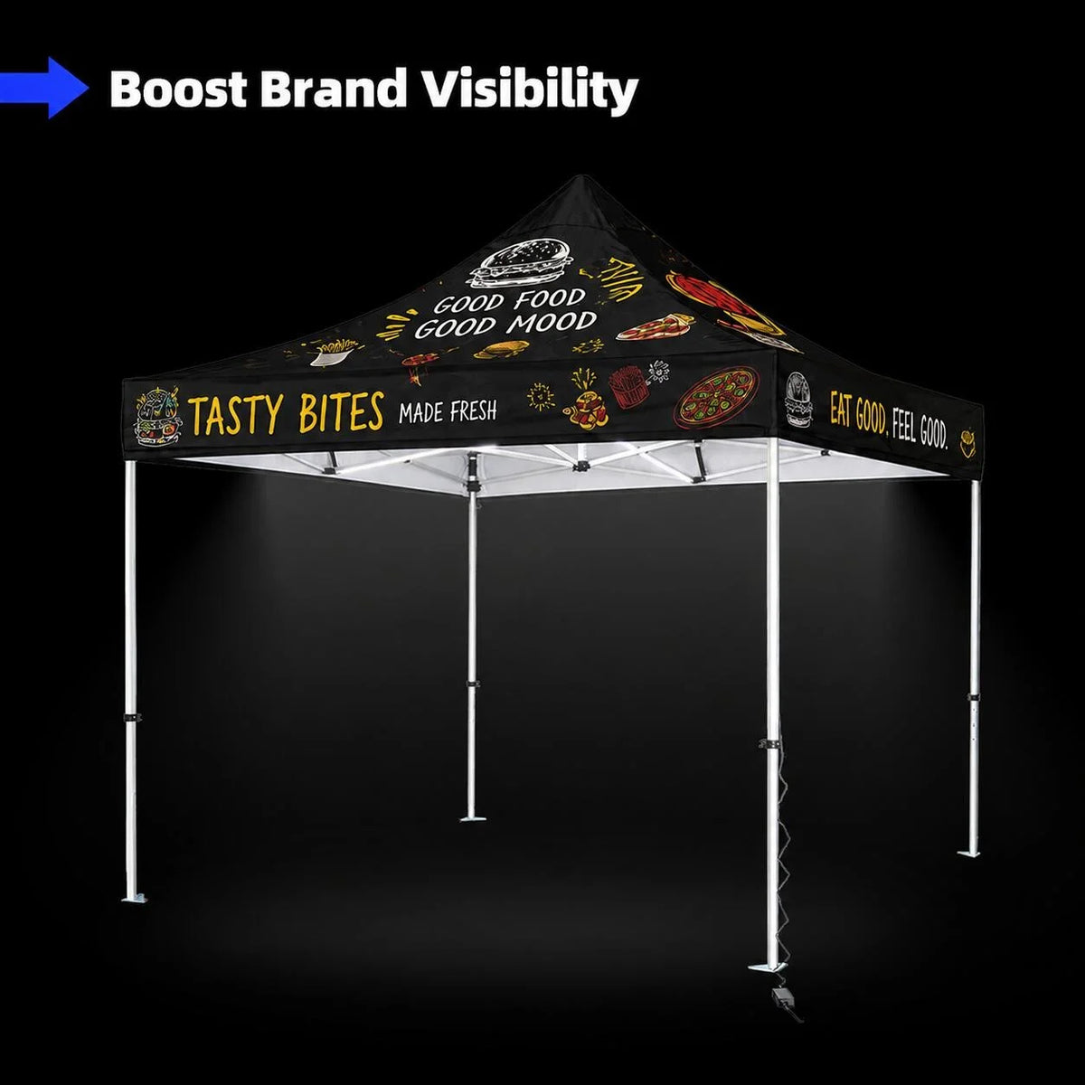 10x10 Lighted Canopy Tent with integrated LED lighting and custom printed graphics for promotional events.
