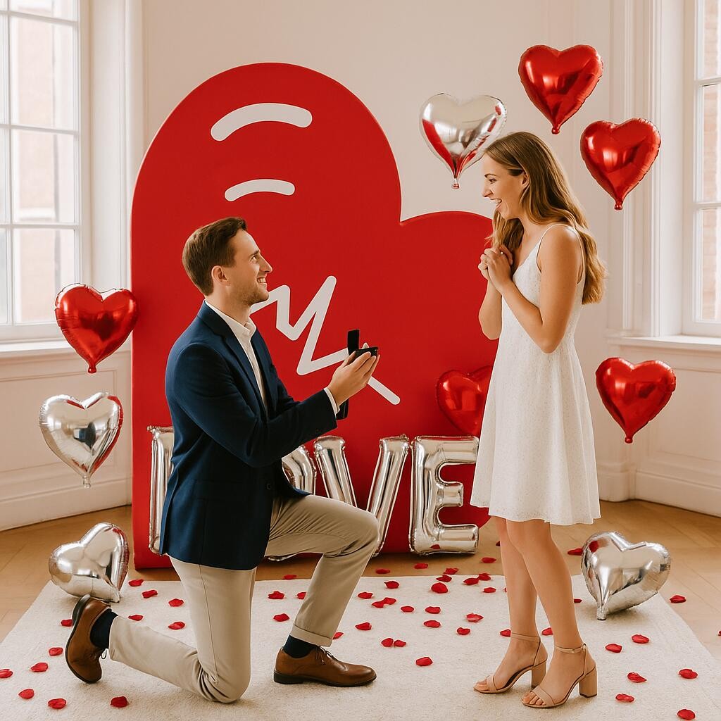 Custom tilted heart backdrop creating a distinctive photo setting for weddings, engagements, and anniversary events.