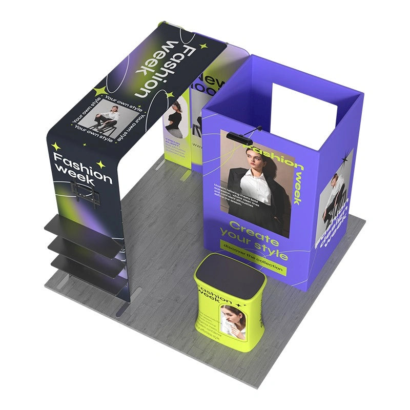 Professional D4 trade show booth display with seamless fabric graphics for corporate marketing events