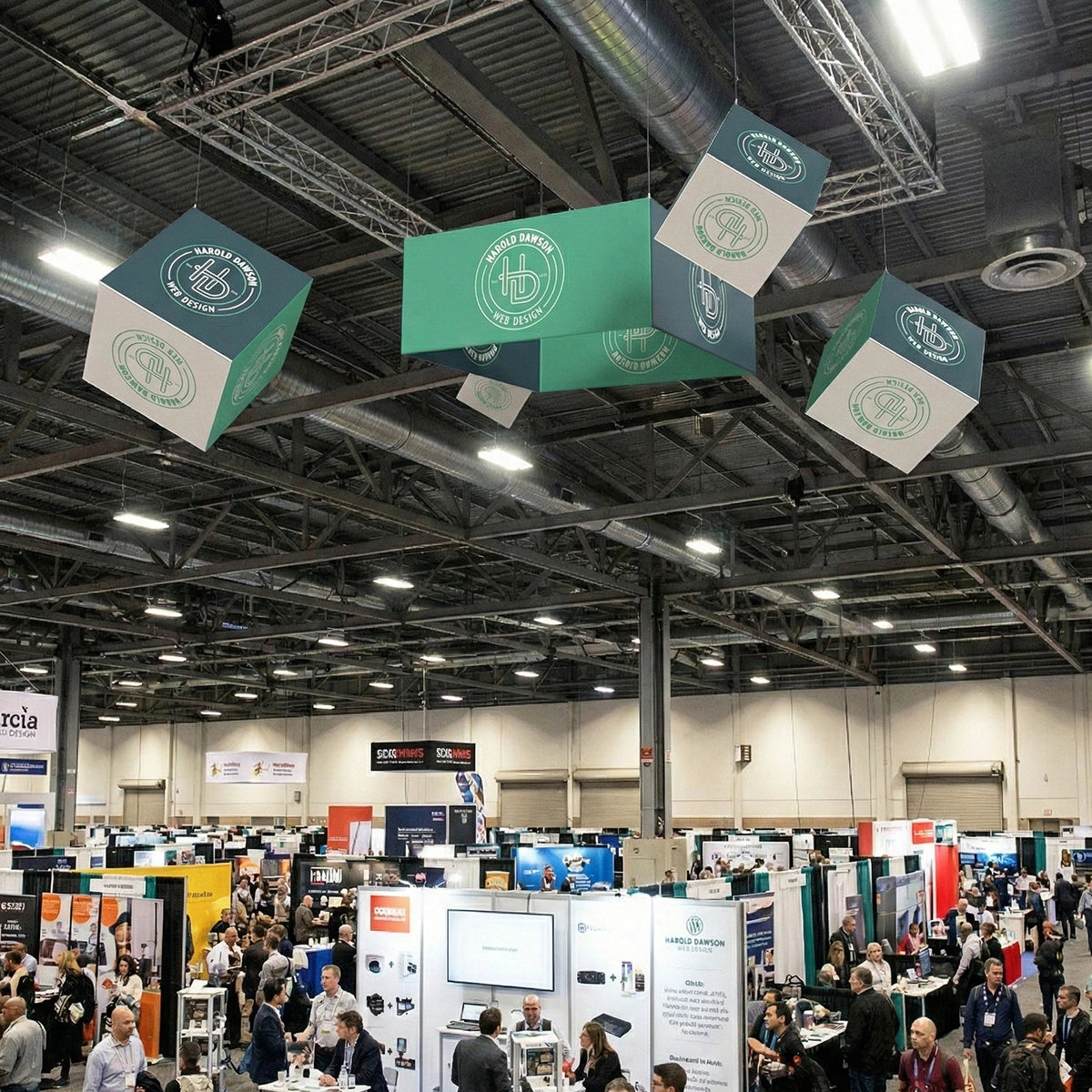 Multi-sided Cube Hanging Sign designed to keep branding visible from different directions across exhibition floors