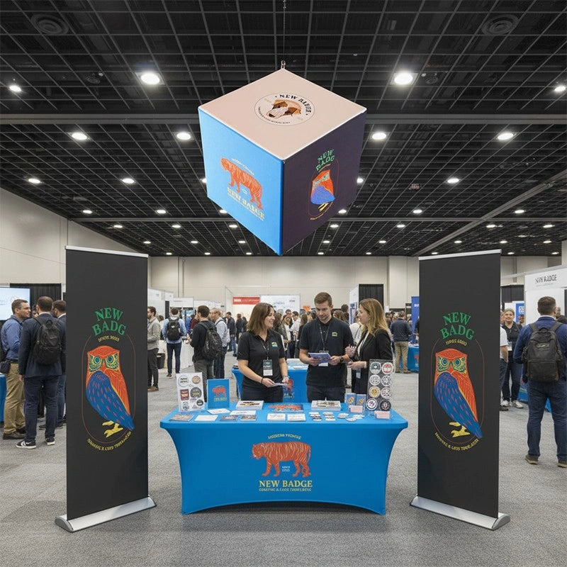 Custom overhead cube display with vibrant fabric graphics for trade shows, expos, and conventions
