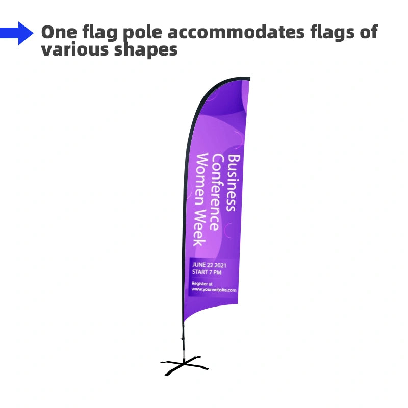 Custom printed Concave advertising flag with a durable Uni-Fit Pole for trade shows, exhibitions, and retail storefront displays.