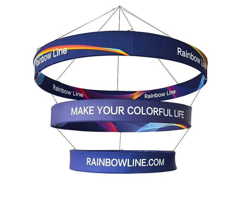 Multi-tiered circular hanging sign for exhibition booth branding