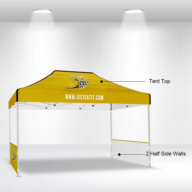 Custom 10x15 event canopy with high-impact graphics for retail promotions, product launches, and brand activations