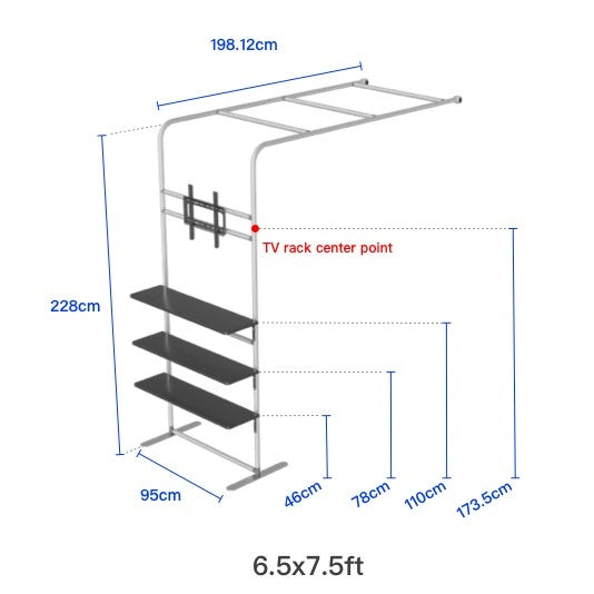 L-shaped fabric display with integrated shelf and TV rack for professional product presentations
