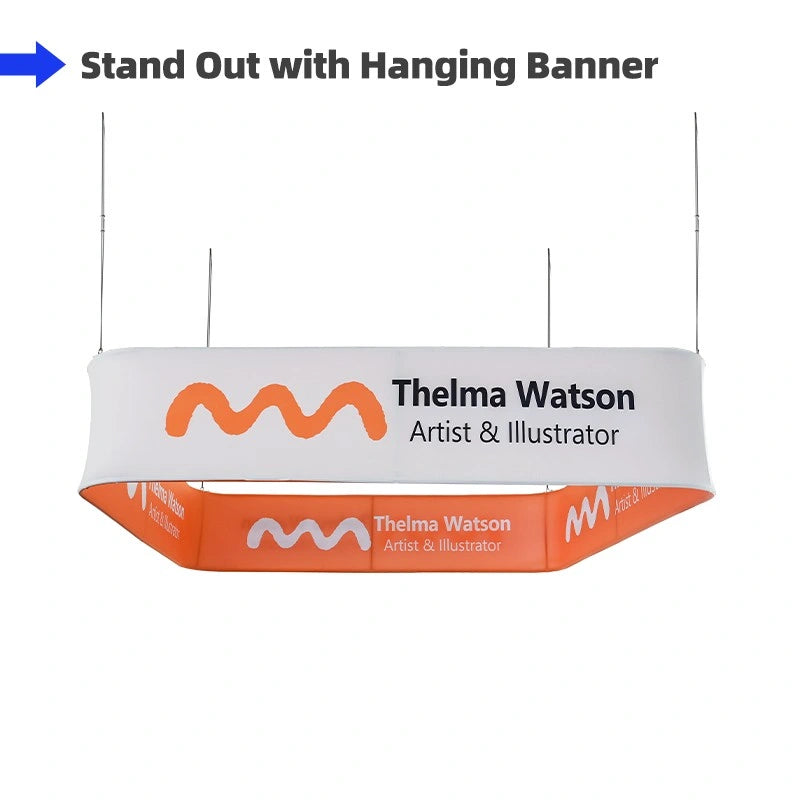 Trade show square hanging banner with tension fabric graphics