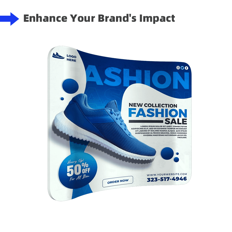 A curved tension fabric display featuring a promotional design with text and a blue sneaker.