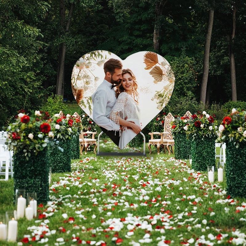 Heart Shaped Event Backdrop with vibrant fabric graphics for creating a distinctive and inviting photo setting