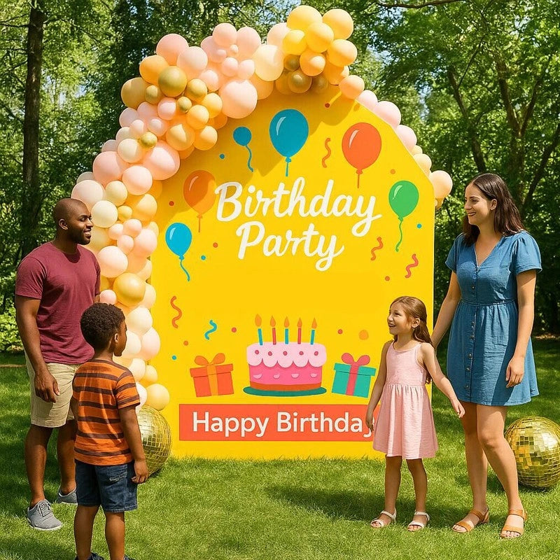 Custom printed barn arch backdrop with vibrant tension fabric panels