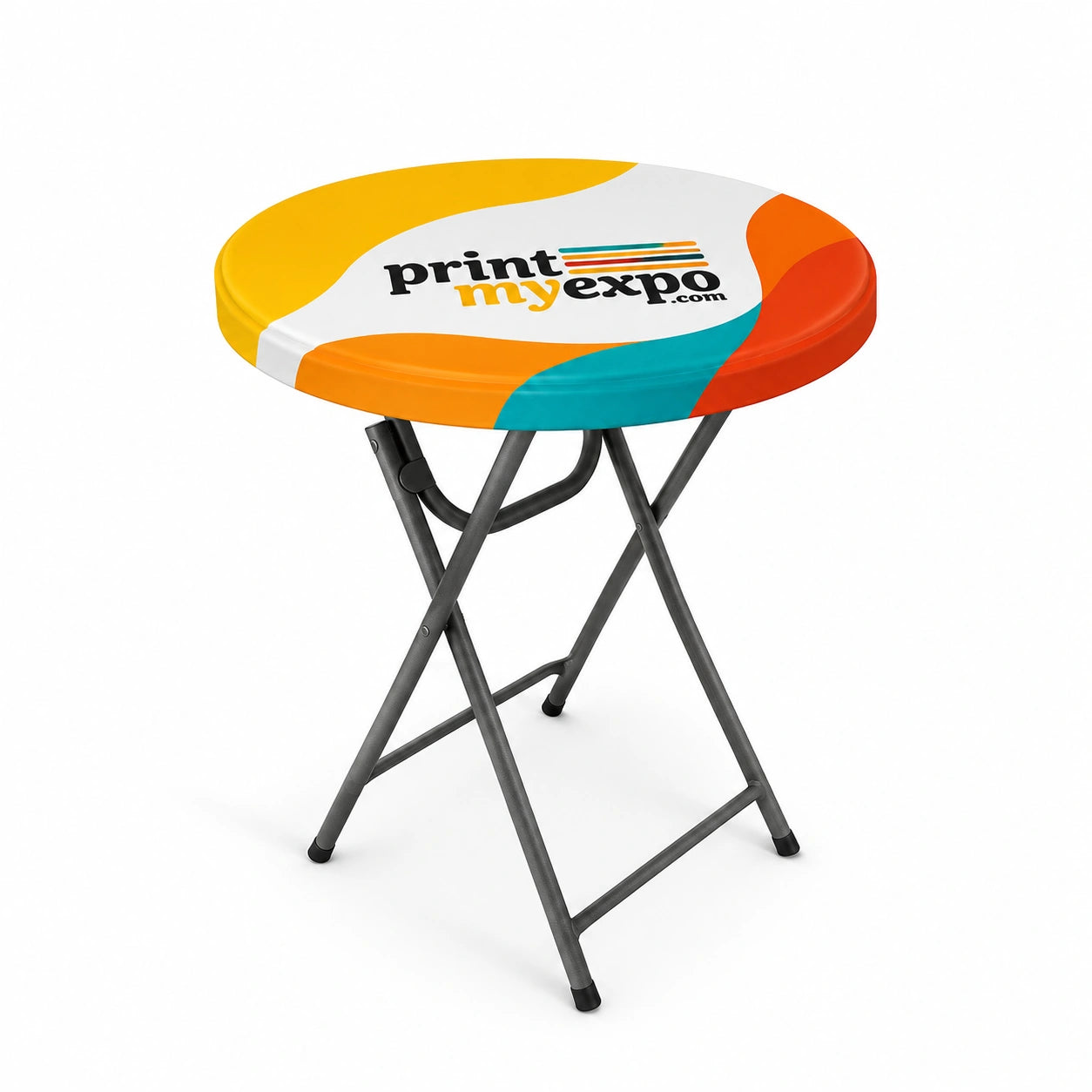 Custom Round Stretch Table Topper with vibrant full-color printing for trade show displays.