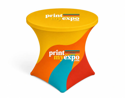 Custom Round Stretch Table Cover with full-color branding for trade shows