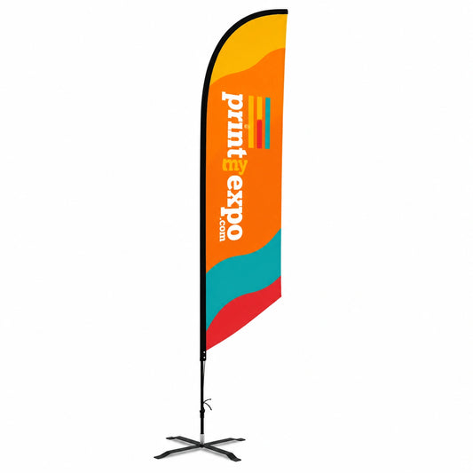 Custom Angled Flag with Uni-Fit Pole featuring a sleek angled profile for professional business branding and promotional events.