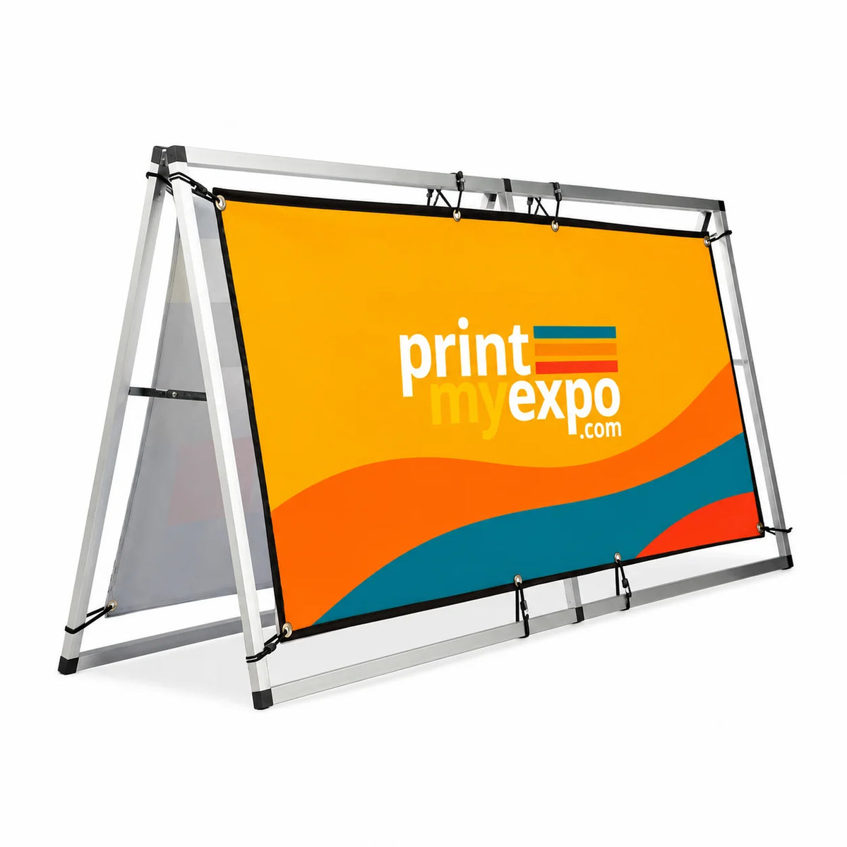 PrintMyExpo A-Frame Banner Stand with custom graphics for trade shows and event promotions