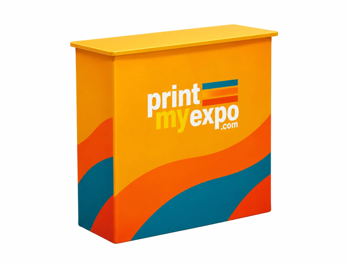 Fabric Pop Up Counter Display with custom printed graphics and portable aluminum frame