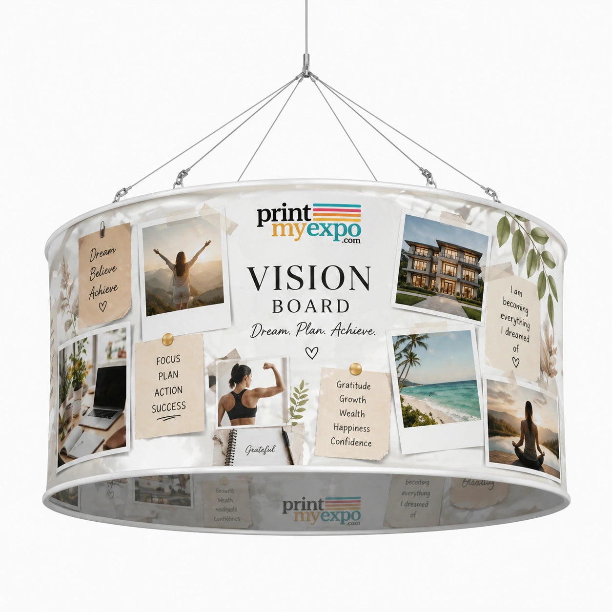 Round hanging vision board display for home goal setting space