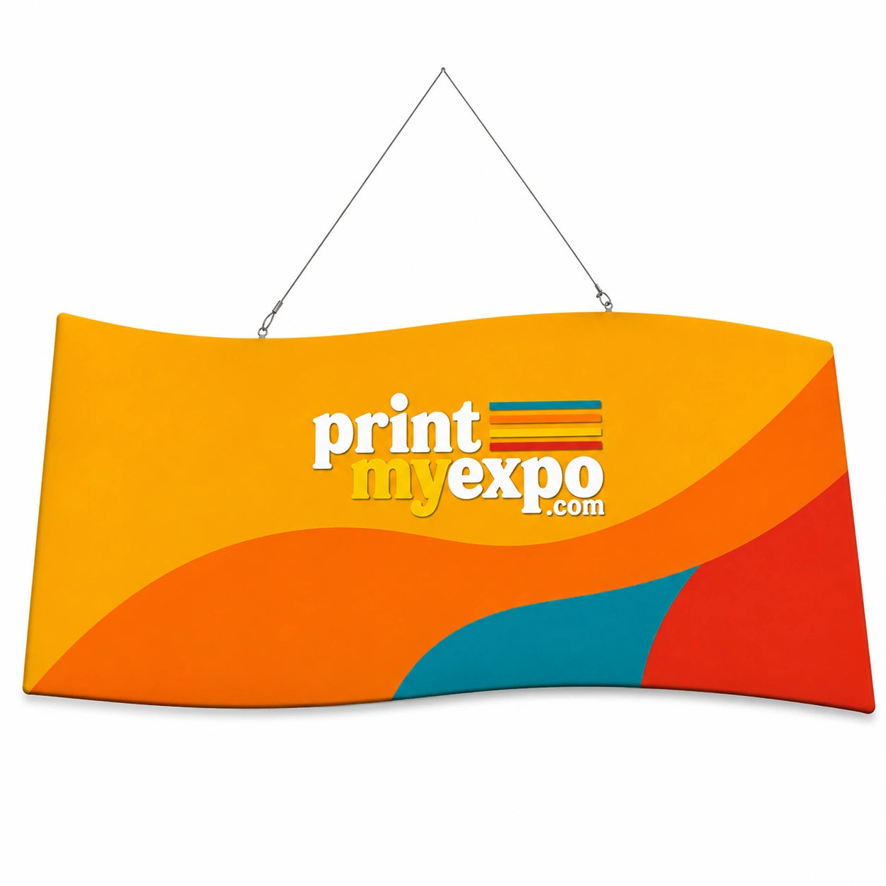 S-Curve Hanging Sign with custom fabric graphics for elevated brand visibility at trade shows and exhibitions