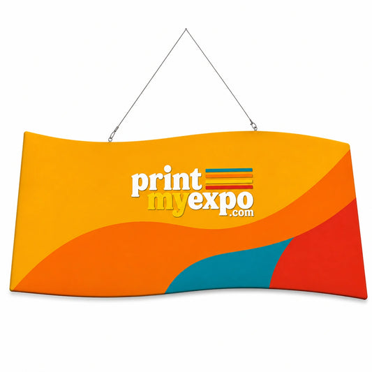 S-Curve Hanging Sign with custom fabric graphics for elevated brand visibility at trade shows and exhibitions